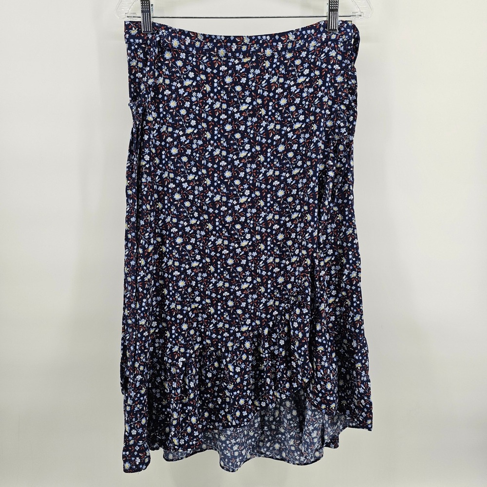 Madewell Wrap Skirt Women 10 Navy Blue Floral Ruffle High Low Midi FA20 MA999